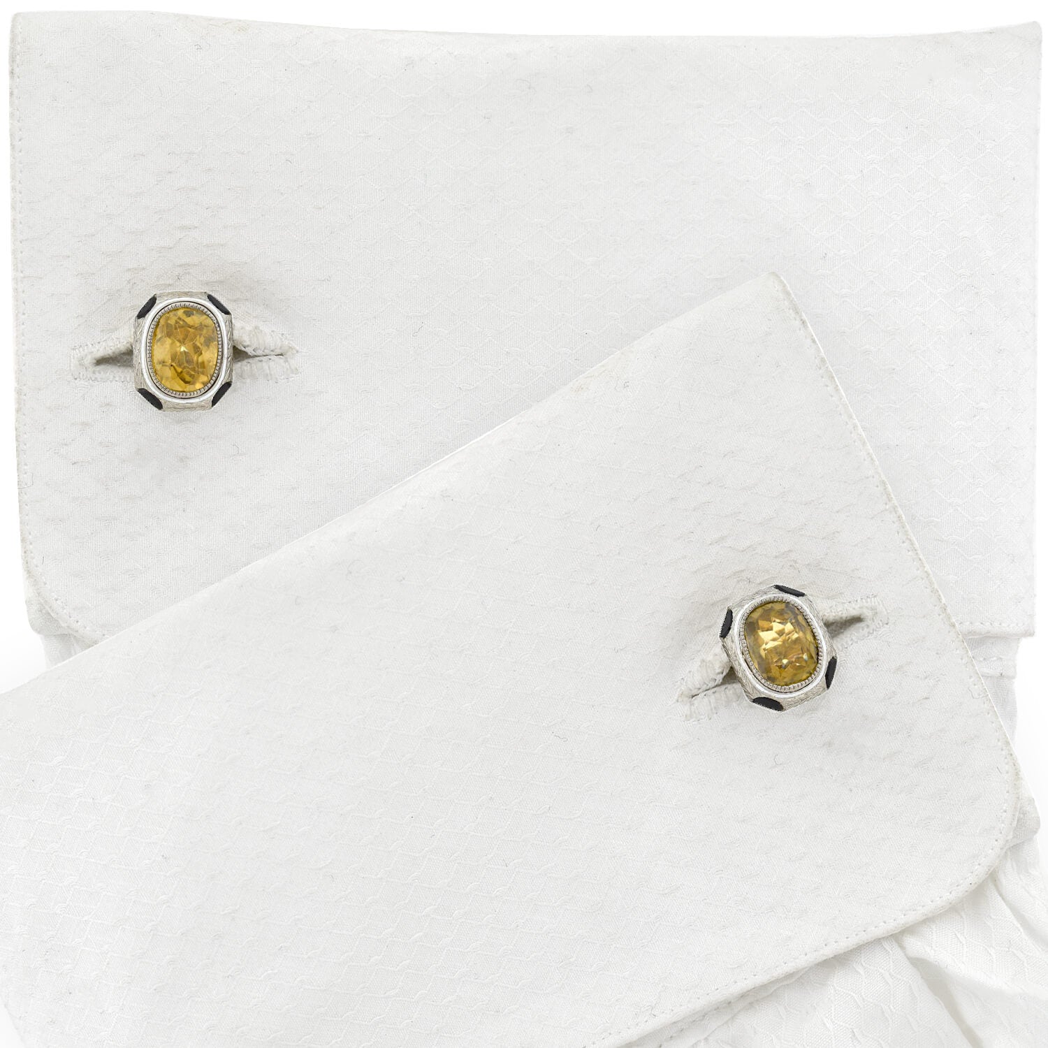 Art Deco 18kt White Enameled Citrine + Onyx Cufflinks