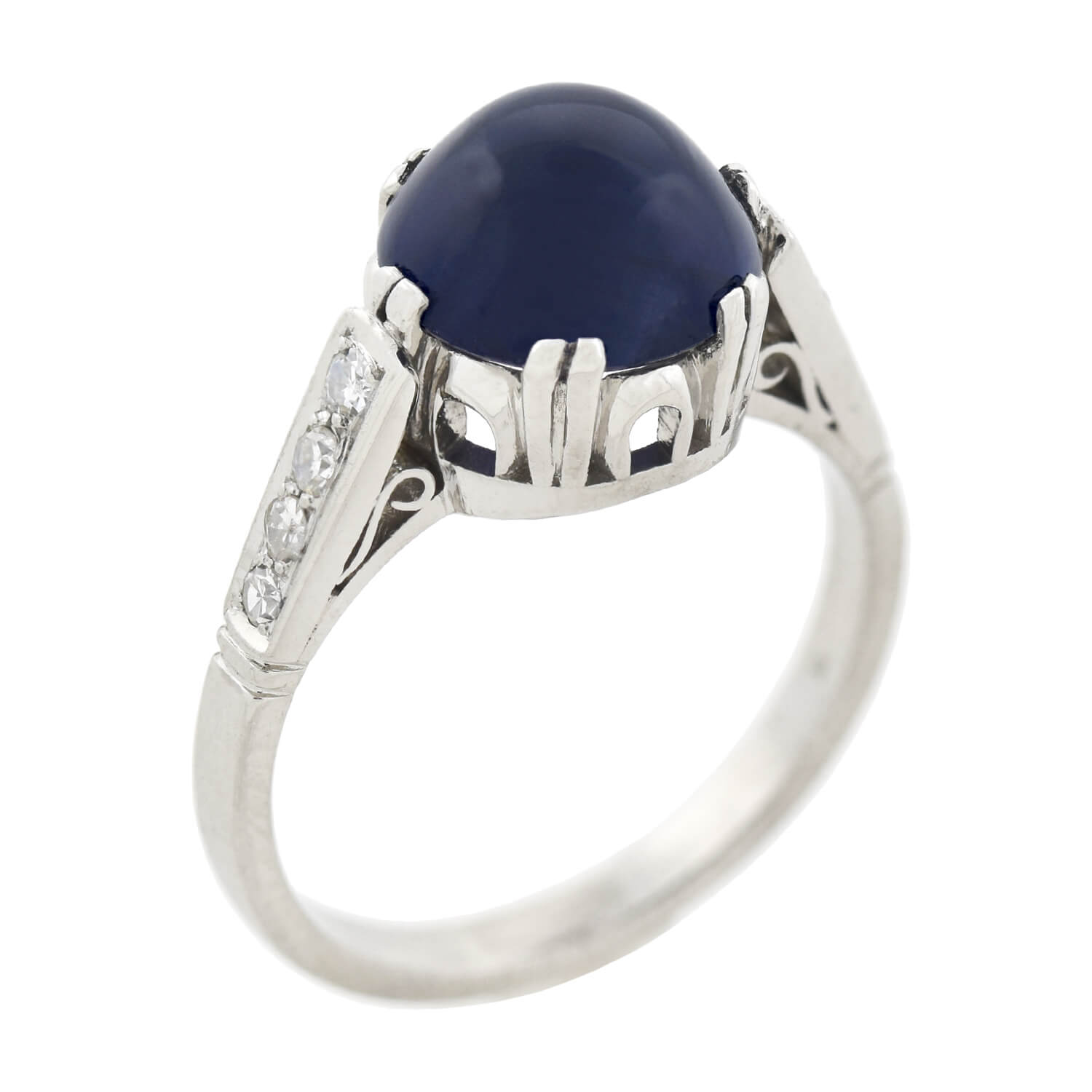 Art Deco Platinum Sapphire Cabochon + Diamond Ring 2.25ctw center