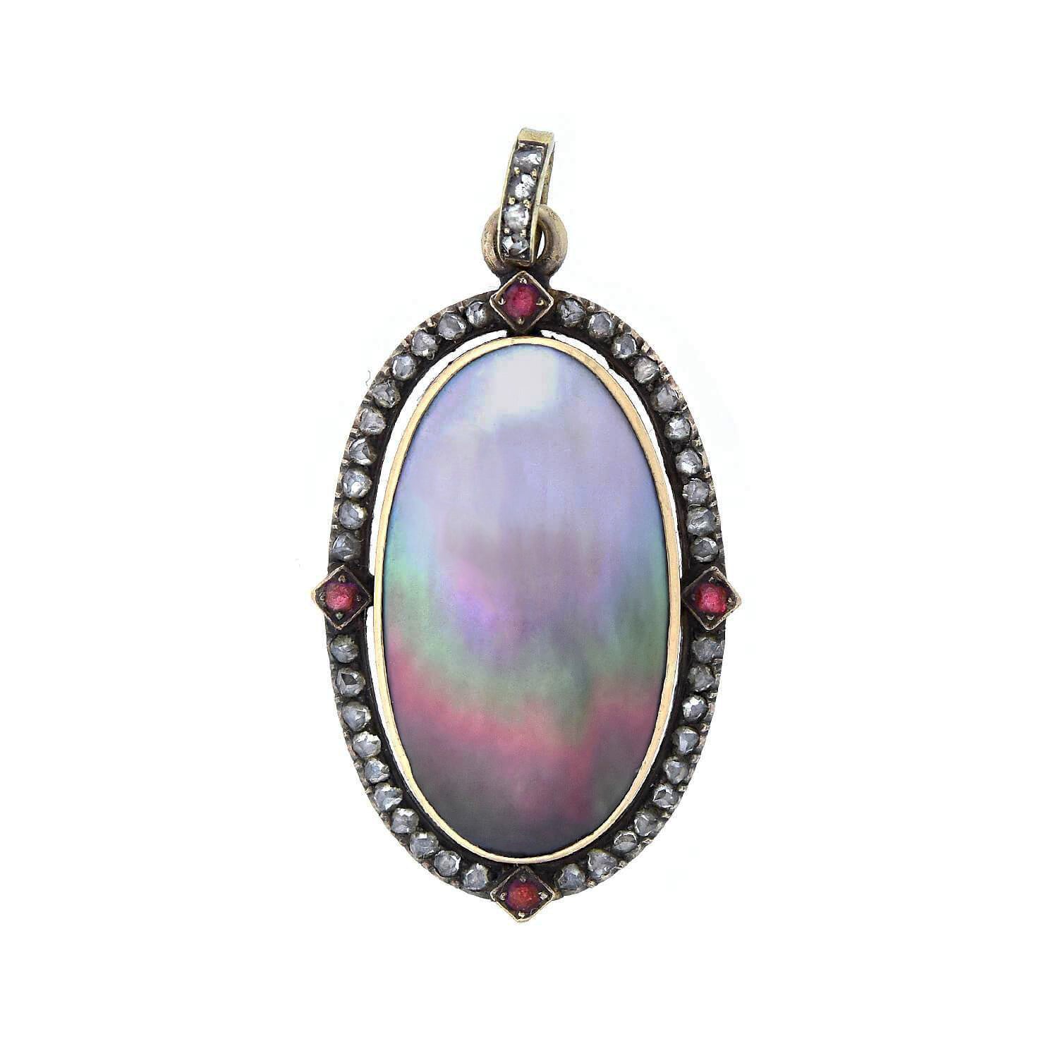 Art Nouveau 14kt Diamond + Ruby Abalone Shell Pendant