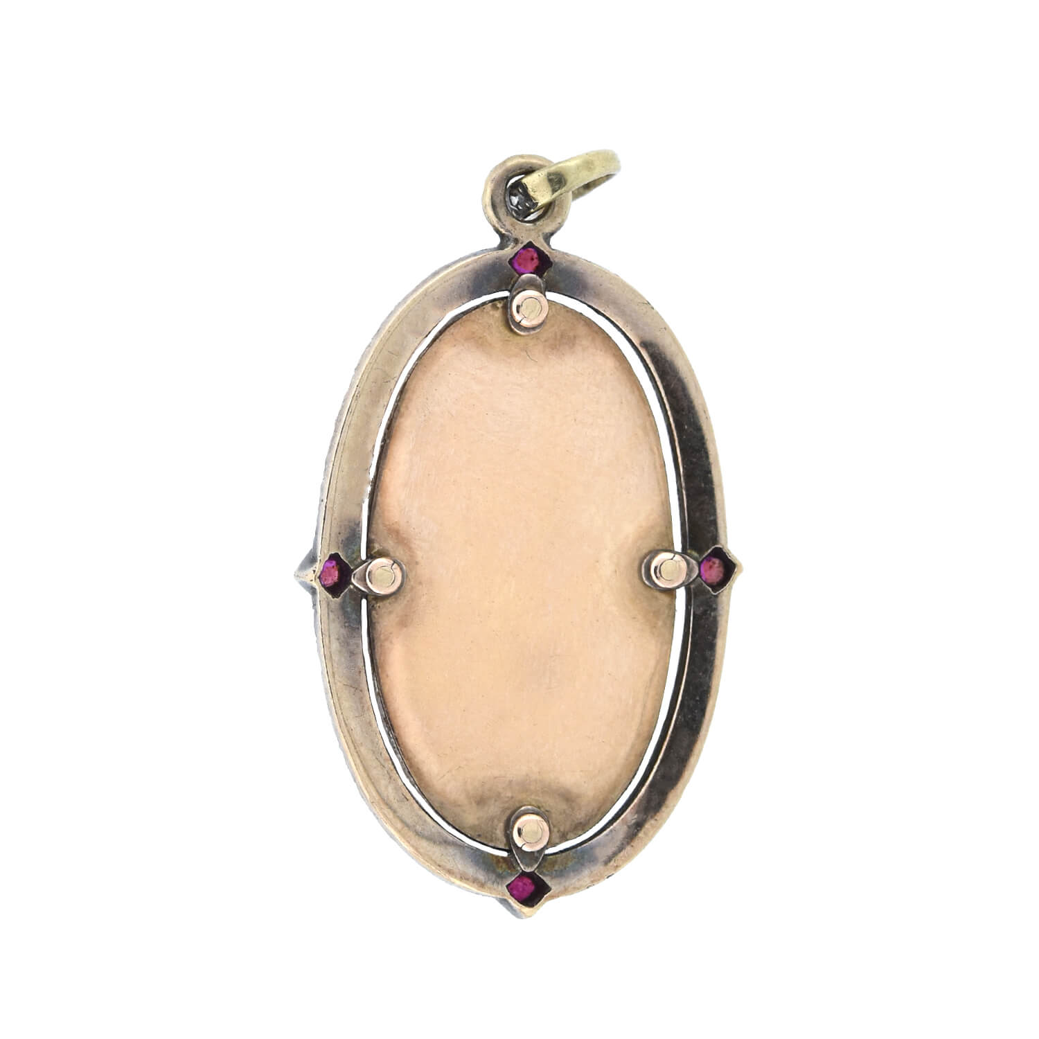 Art Nouveau 14kt Diamond + Ruby Abalone Shell Pendant