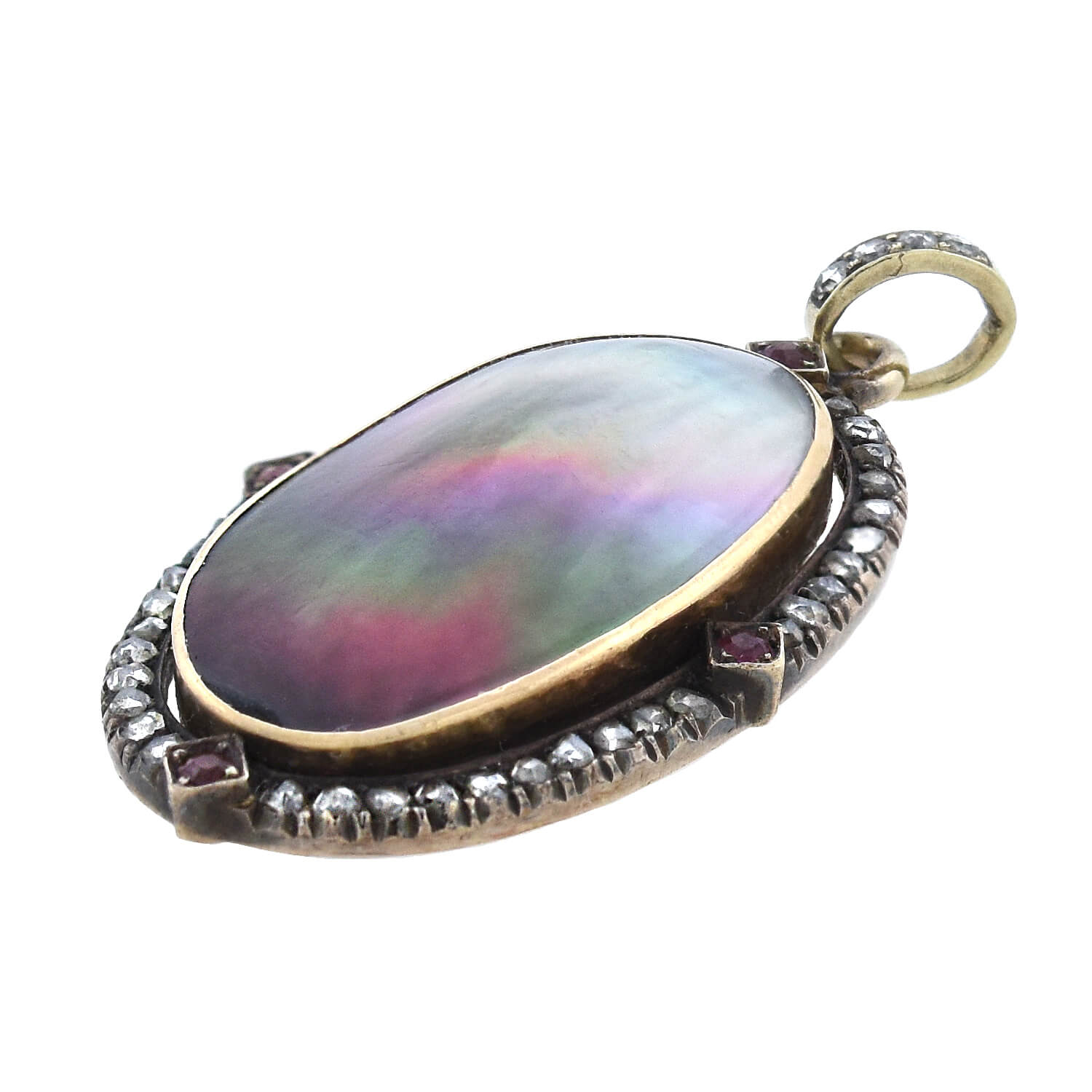 Art Nouveau 14kt Diamond + Ruby Abalone Shell Pendant