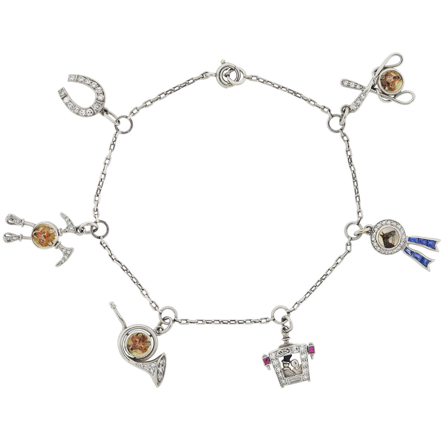 Art Deco Platinum Gemstone + Reverse Carved Crystal Equestrian Charm Bracelet