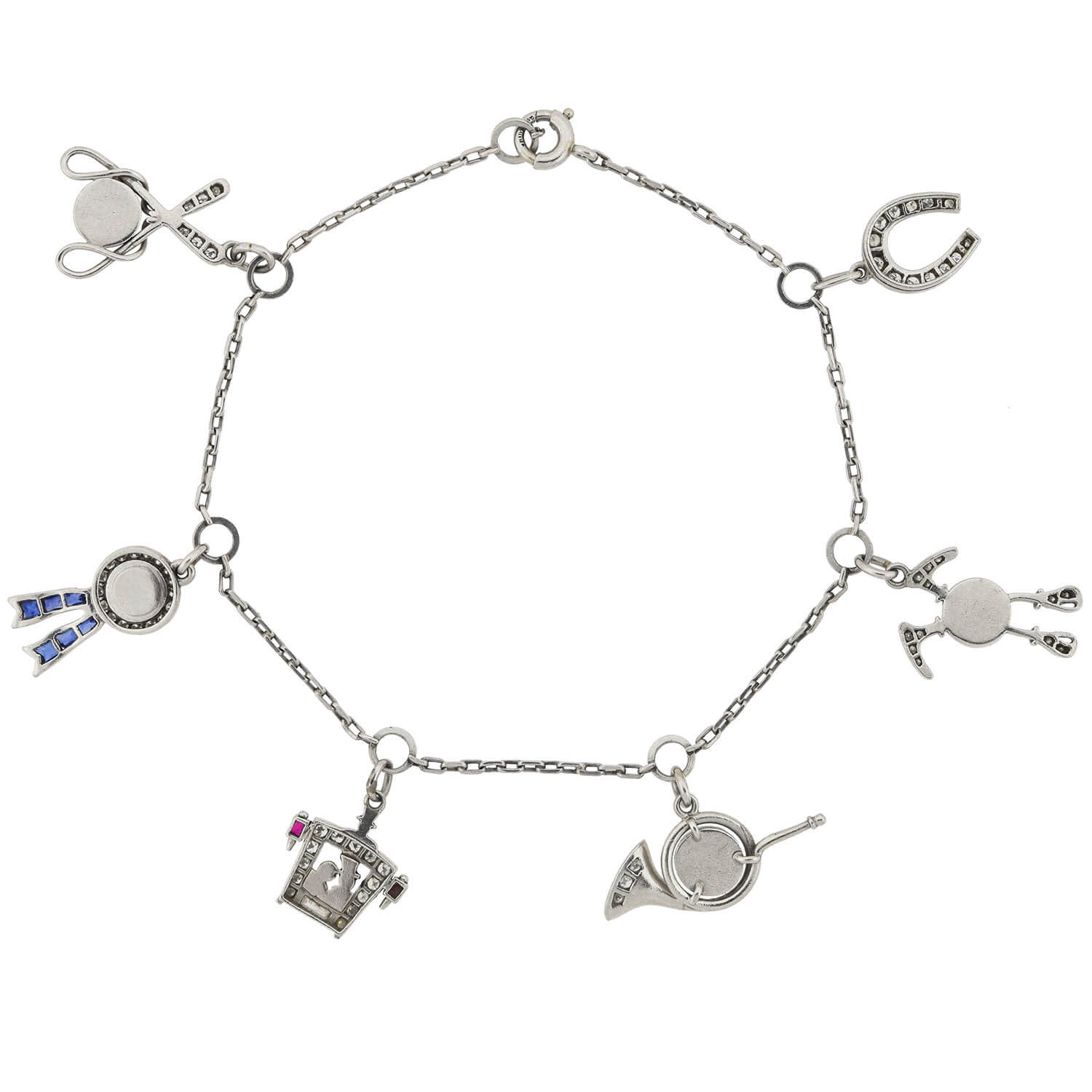 Art Deco Platinum Gemstone + Reverse Carved Crystal Equestrian Charm Bracelet