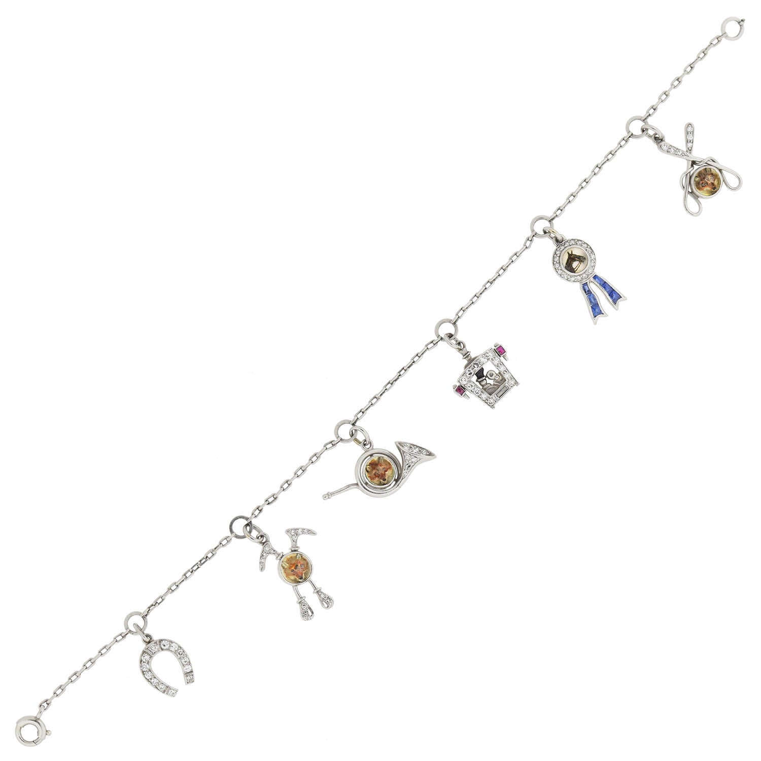 Art Deco Platinum Gemstone + Reverse Carved Crystal Equestrian Charm Bracelet