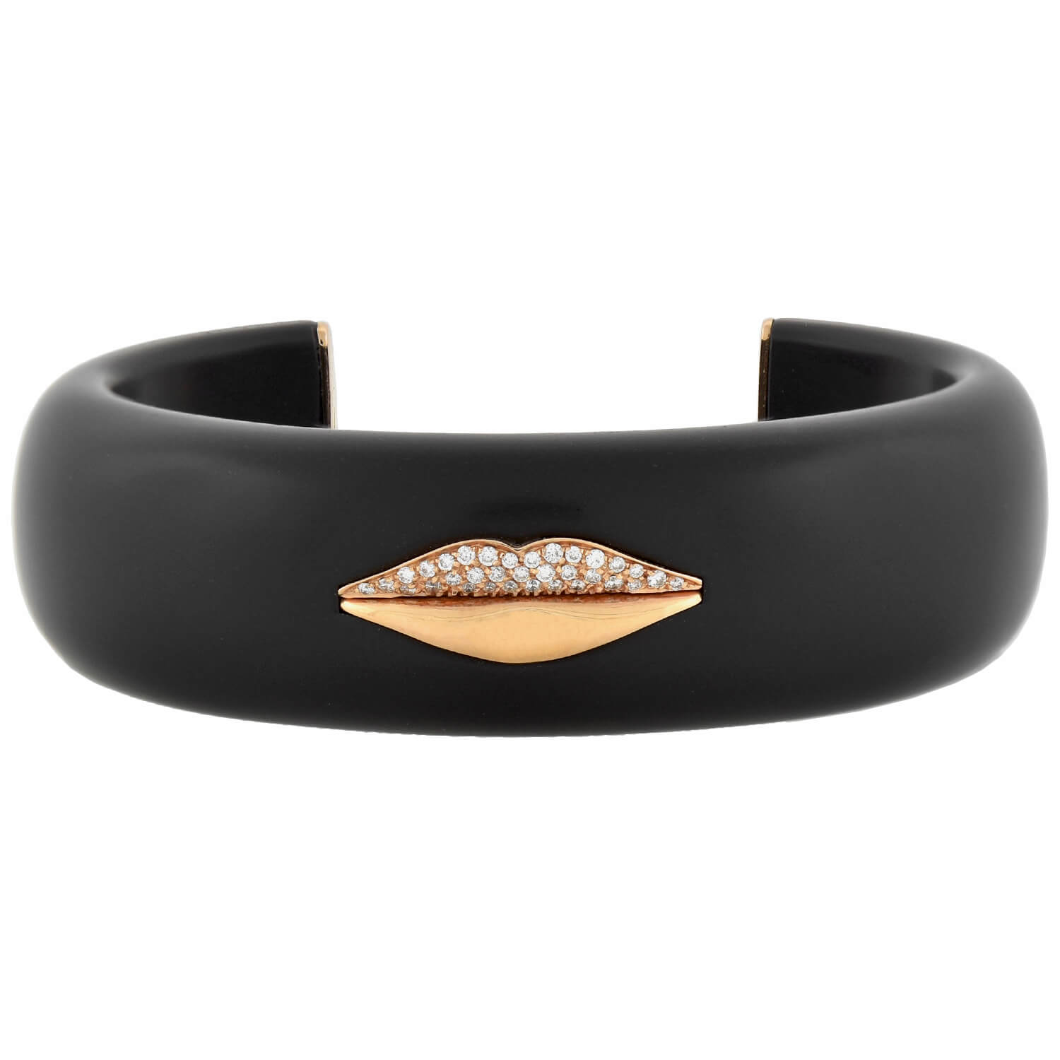 G. BVLGARI Vintage 18kt Rose Gold + Jet "Enigma" Diamond Lips Cuff Bracelet