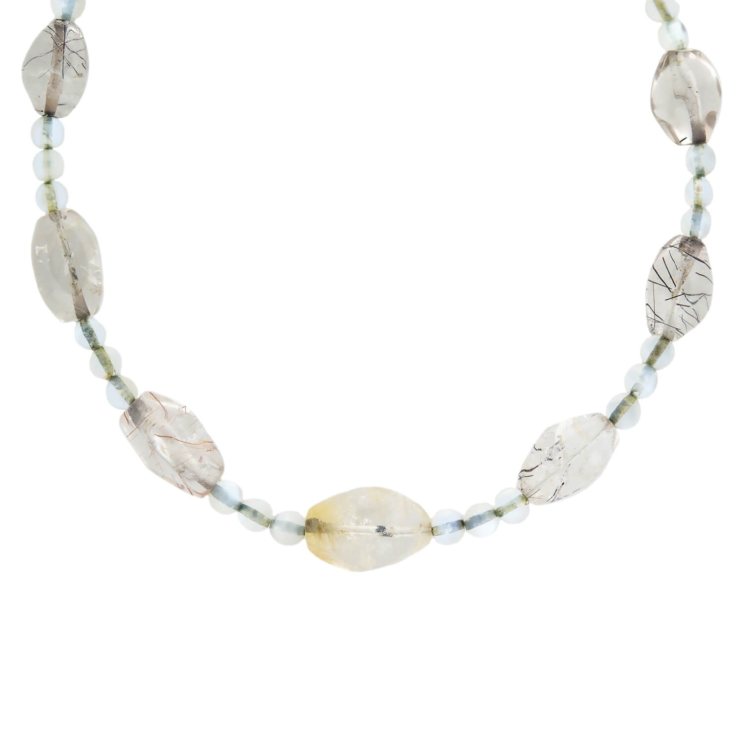 Retro Rainbow Moonstone Bead + Rutilated/Tourmalated Quartz Necklace with 14kt Clasp