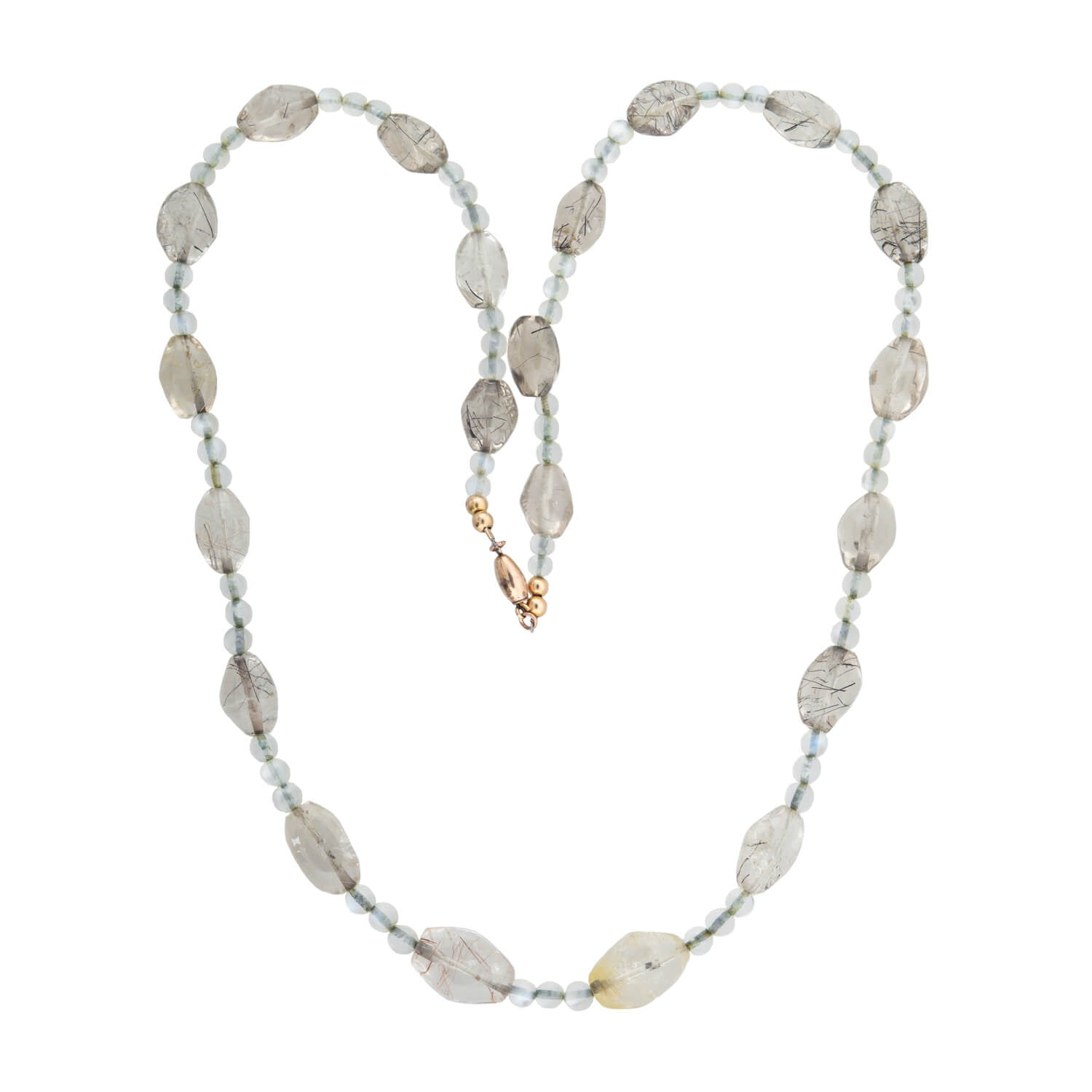 Retro Rainbow Moonstone Bead + Rutilated/Tourmalated Quartz Necklace with 14kt Clasp