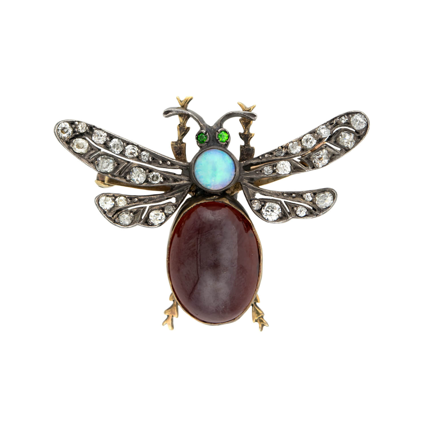 Victorian 14k + Sterling Diamond, Opal, & Garnet Bug Pin