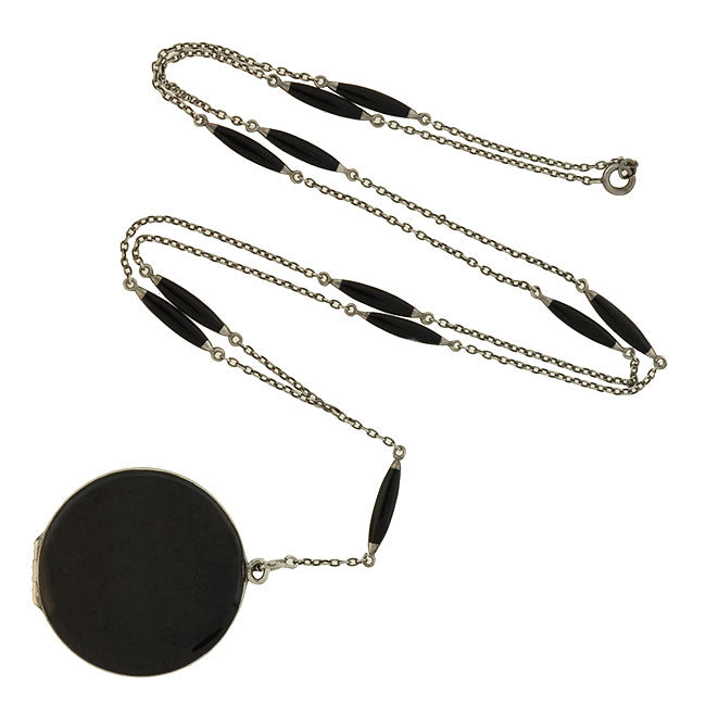 Art Deco Sterling & Black Enamel Locket Lorgnette Necklace