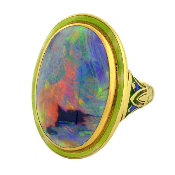Art Nouveau 14kt “Lightning Ridge” Black Opal & Enamel Ring
