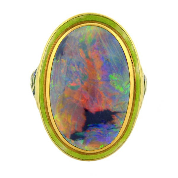 Art Nouveau 14kt “Lightning Ridge” Black Opal & Enamel Ring