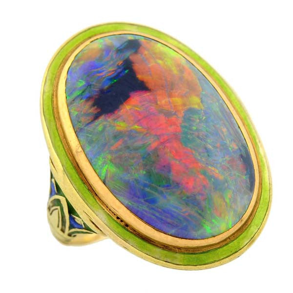 Art Nouveau 14kt “Lightning Ridge” Black Opal & Enamel Ring