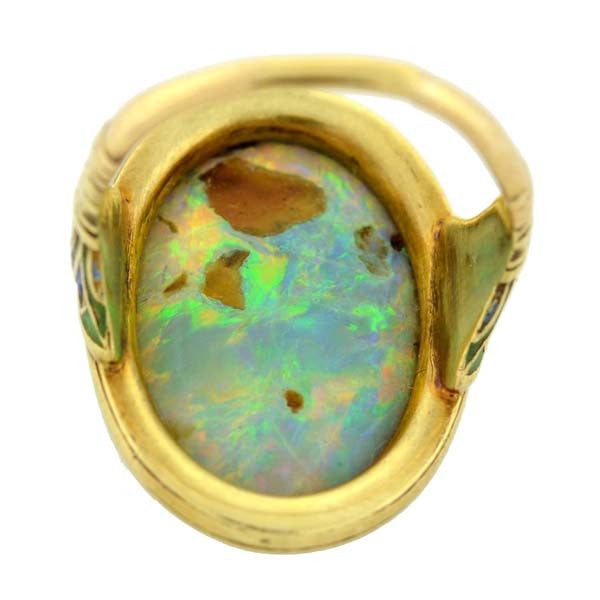Art Nouveau 14kt “Lightning Ridge” Black Opal & Enamel Ring