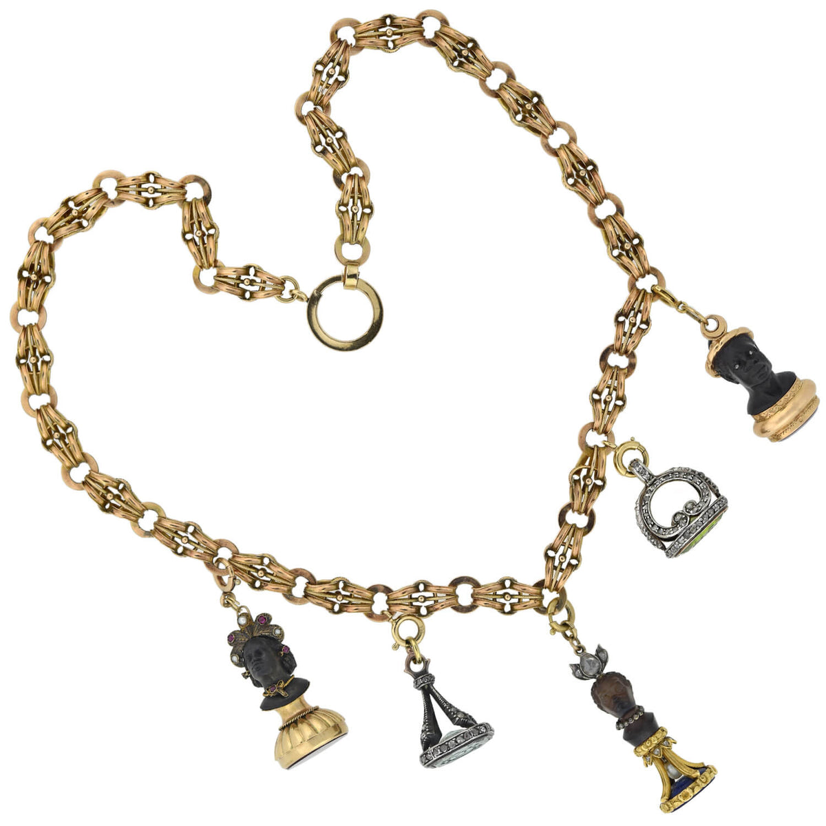 Rare Victorian + Georgian Blackamoor + Multi-Gemstone Fob Compilation Necklace 20.25"