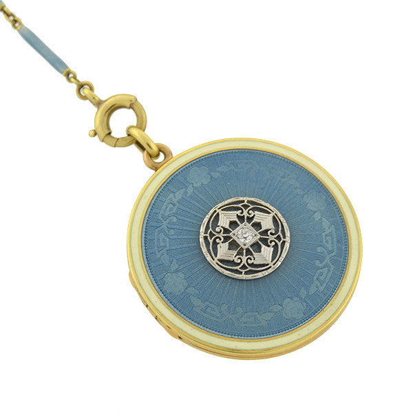 Edwardian 14kt Blue Guilloché Enamel Locket & Chain