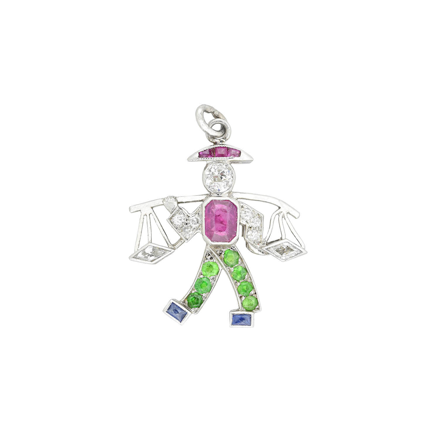 Art Deco Platinum Diamond Emerald Ruby + Sapphire Water Carrier Pendant