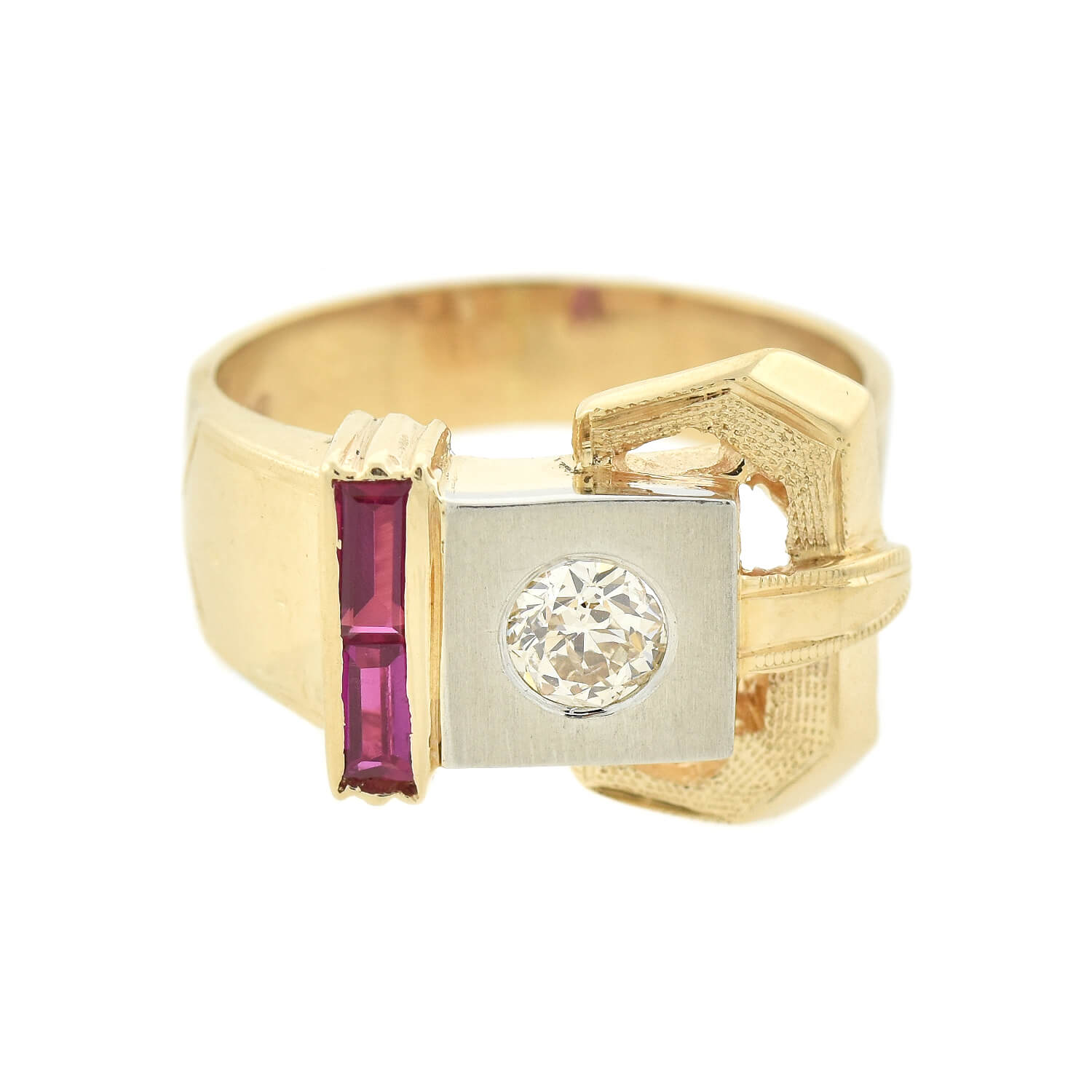 Retro 14kt Ruby + Diamond Buckle Ring