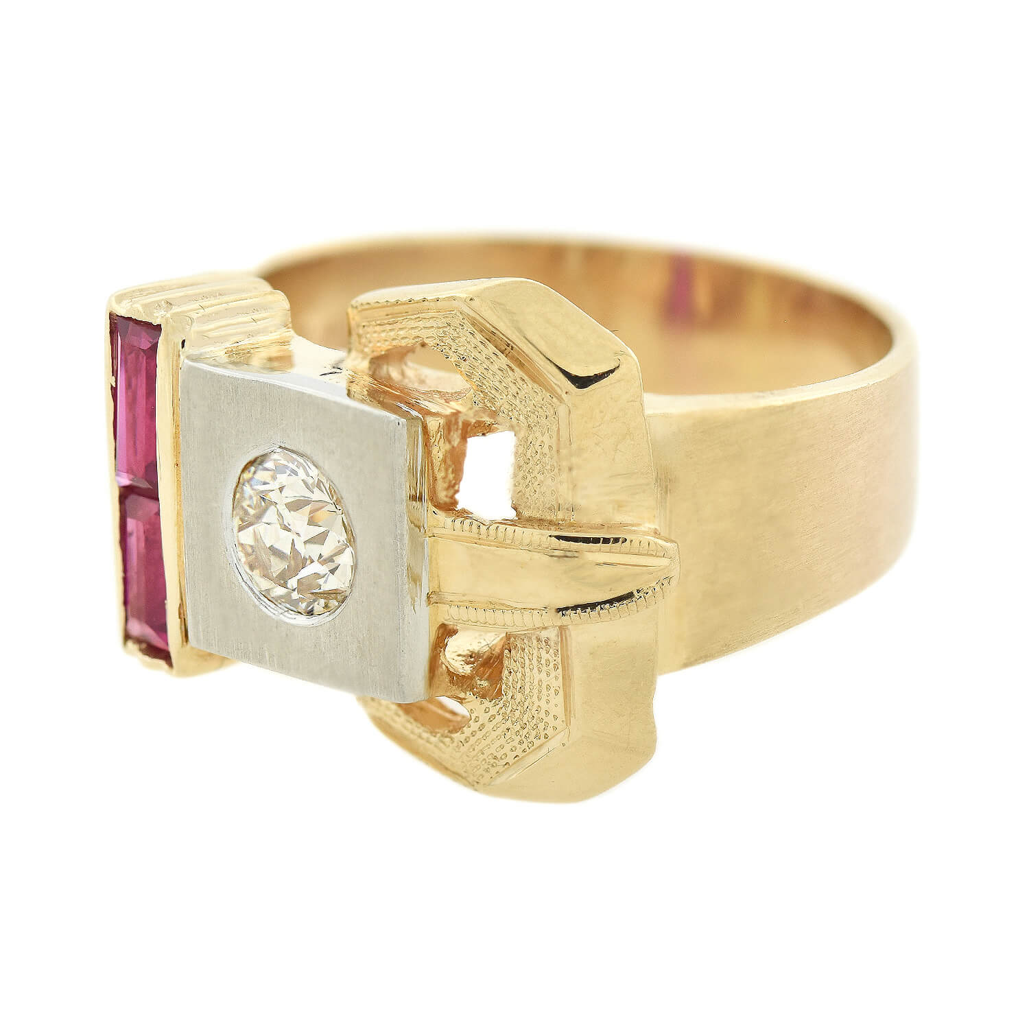 Retro 14kt Ruby + Diamond Buckle Ring