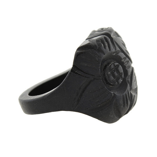 Retro Black Bakelite Carved Flower Ring