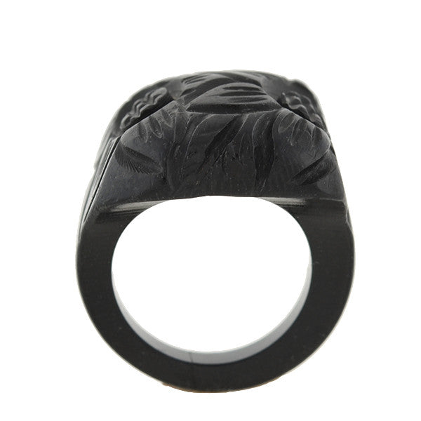 Retro Black Bakelite Carved Flower Ring