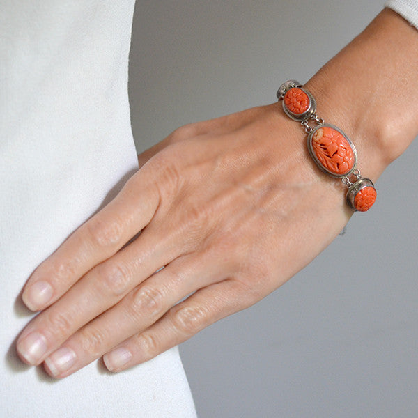Art Deco Sterling Carved Coral Floral Link Bracelet