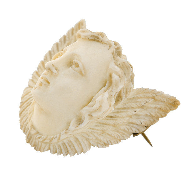 Victorian Hand Carved Ivory Angel Face & Wings Pin