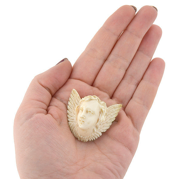 Victorian Hand Carved Ivory Angel Face & Wings Pin