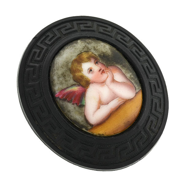 Victorian Carved Jet Painted Porcelain Cherub Pin