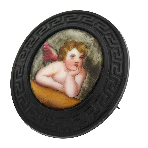 Victorian Carved Jet Painted Porcelain Cherub Pin