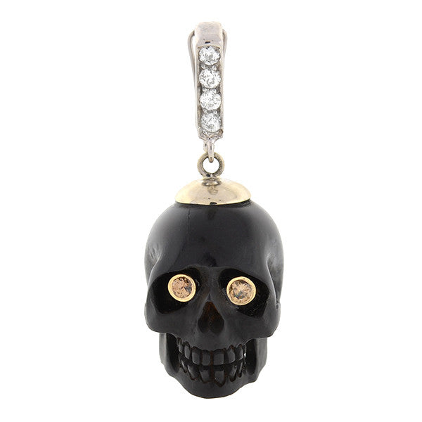 Estate 14kt Carved Jet Skull & Diamond Pendant