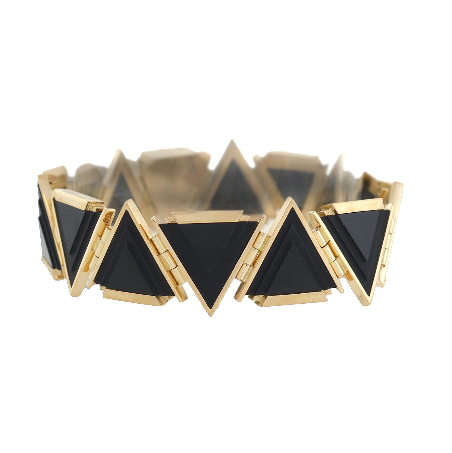 Late Art Deco 14kt Gold Triangular Onyx Link Bracelet