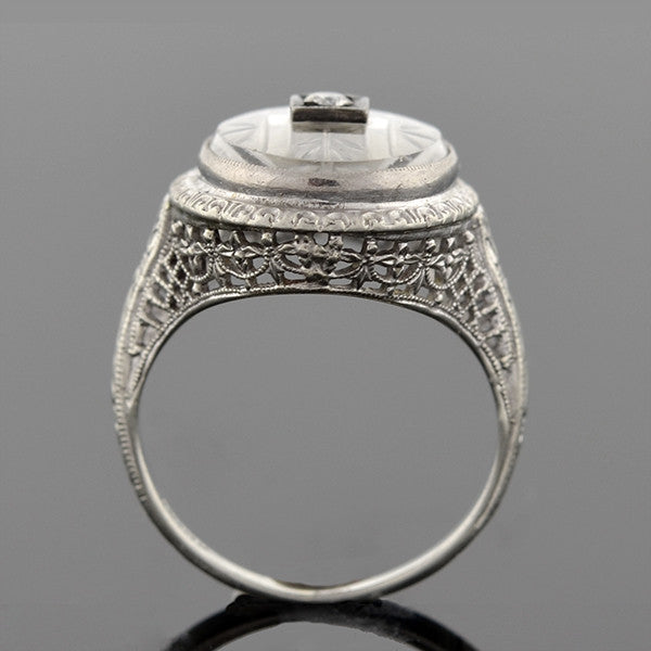 Art Deco 18kt Rock Quartz Crystal & Diamond Filigree Ring