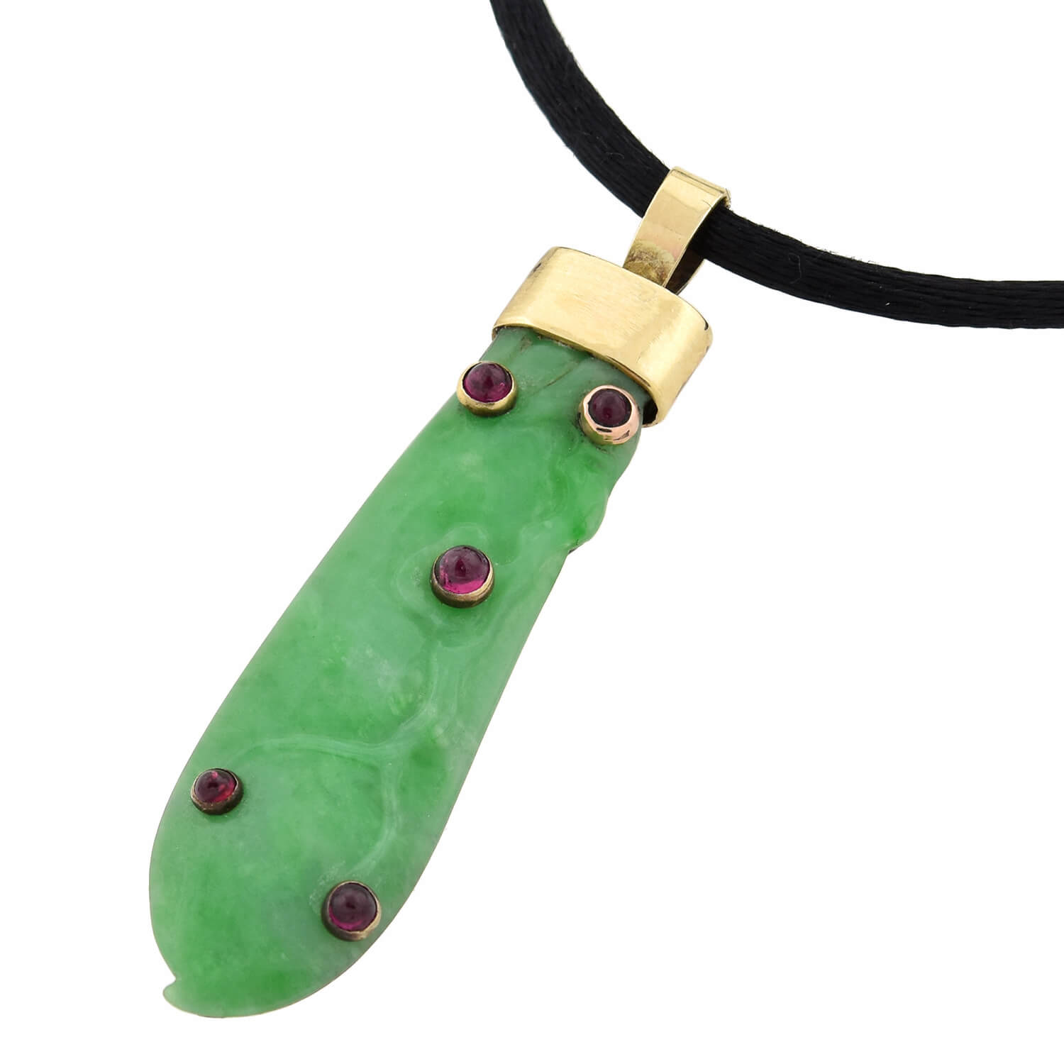 Vintage 14kt/Sterling Carved Jade + Ruby Peapod Pendant Necklace