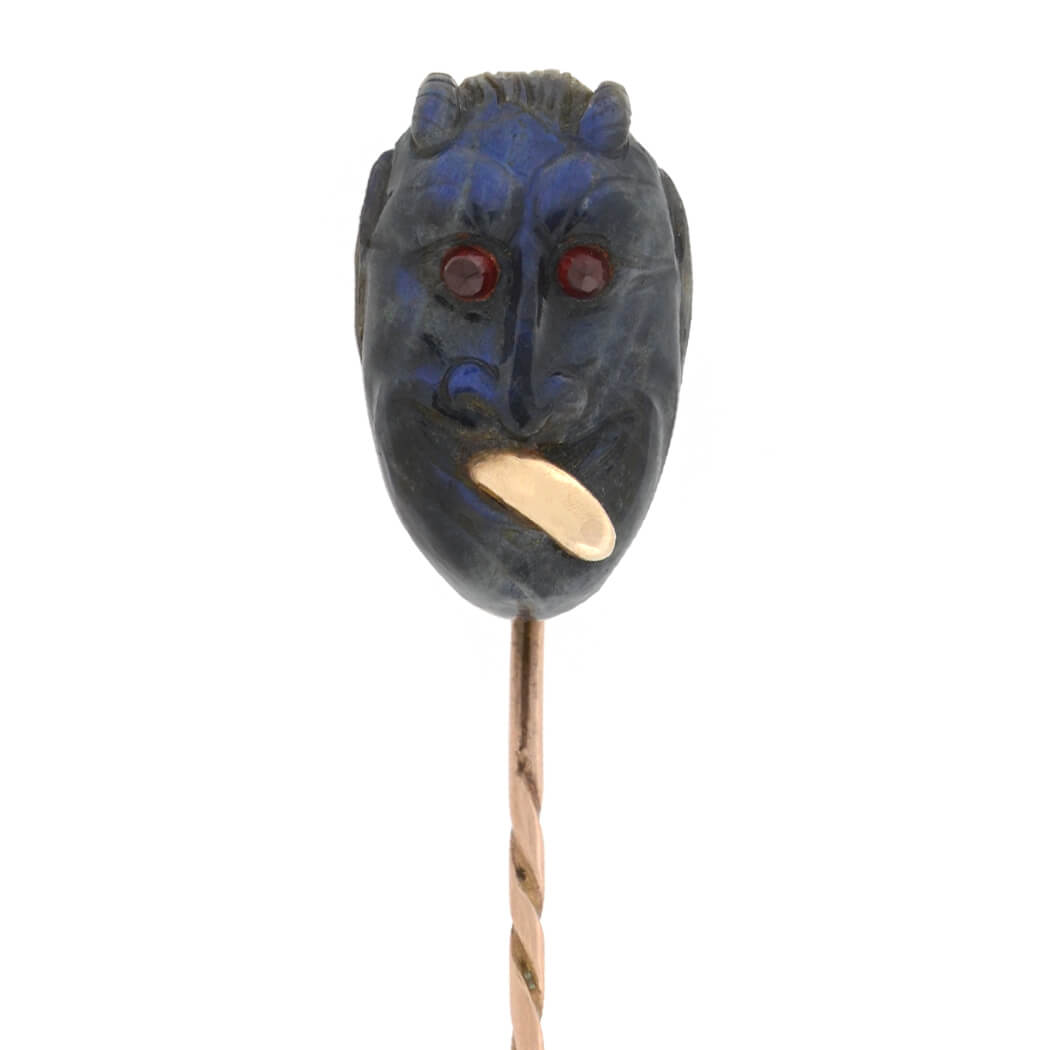 Victorian 15kt Carved Labradorite + Garnet Devil Stick Pin