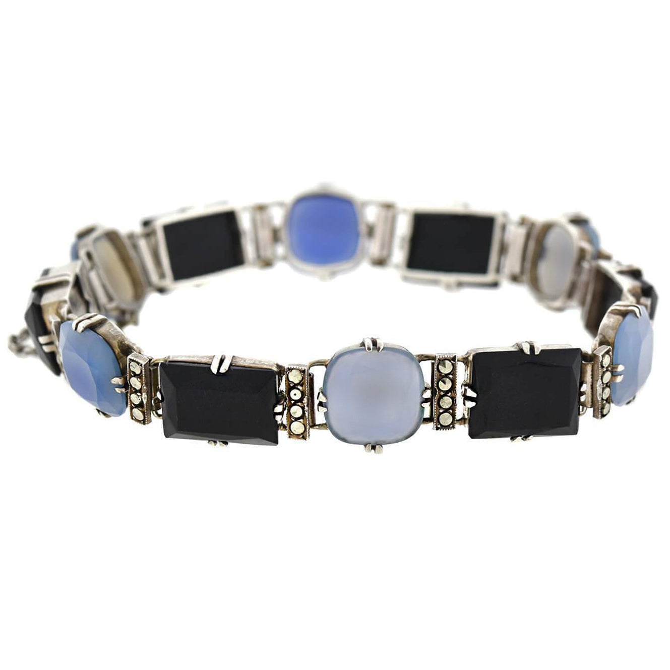 Art Deco Sterling Silver Chalcedony, Onyx + Marcasite Link Bracelet