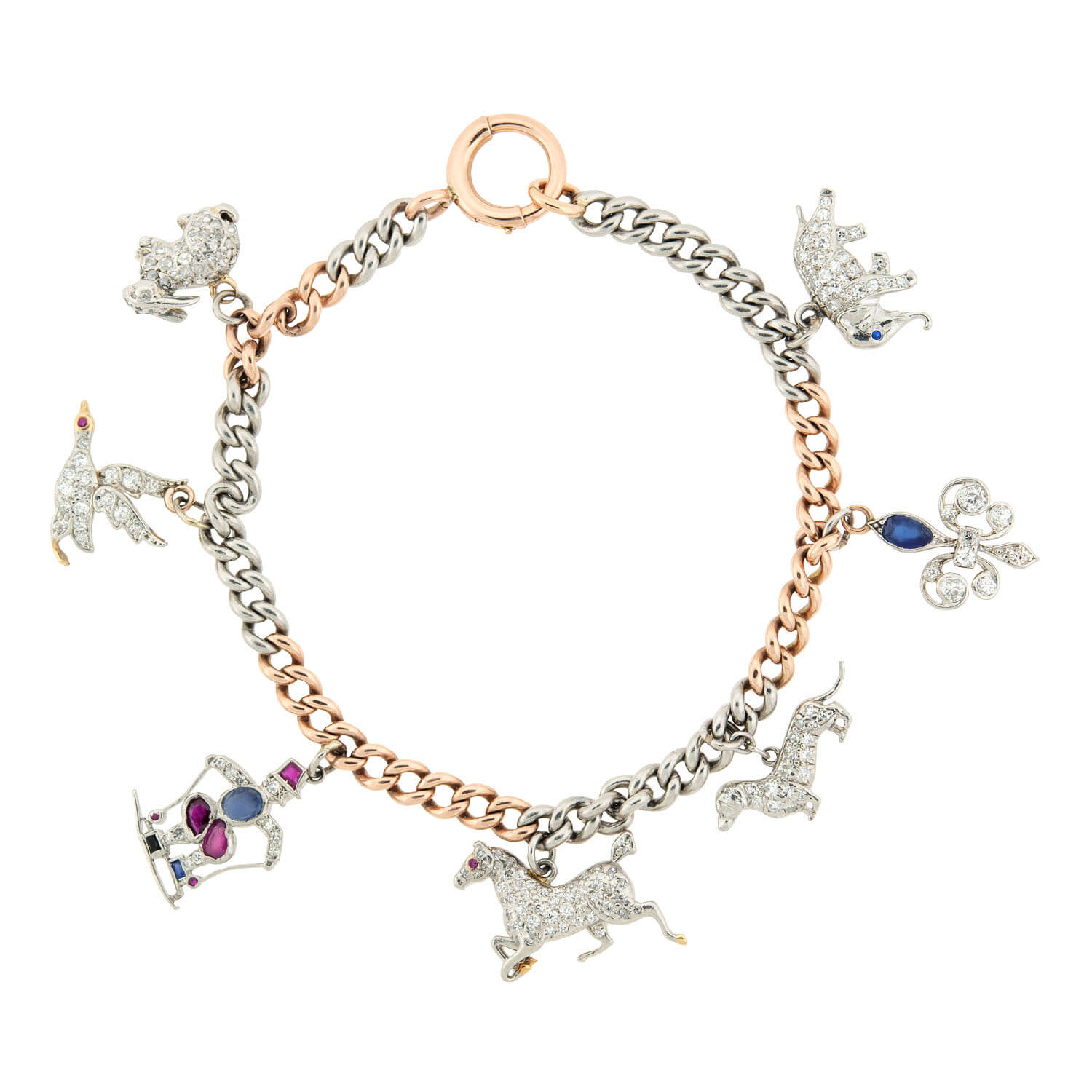 Art Deco Platinum and 18k Multi Stone Charm Bracelet