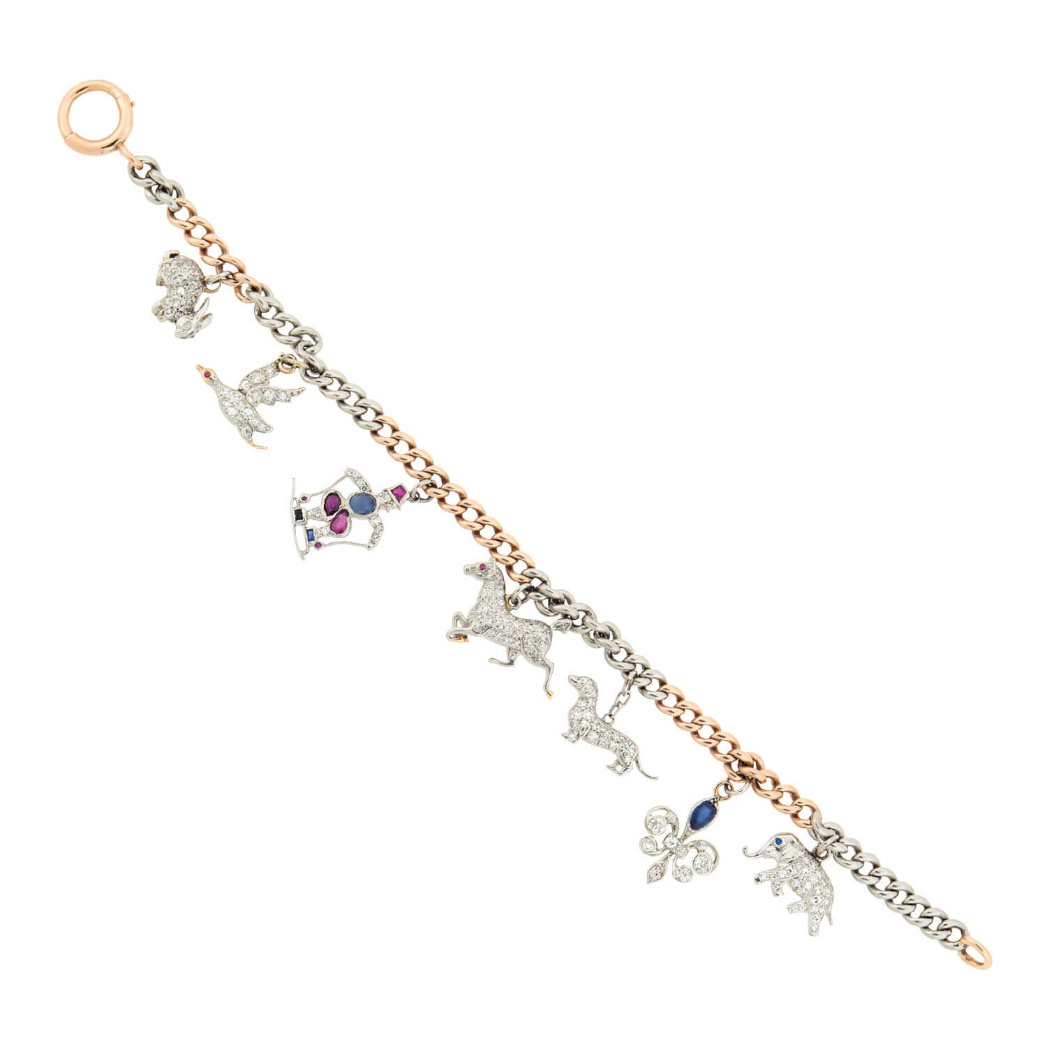 Art Deco Platinum and 18k Multi Stone Charm Bracelet