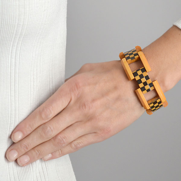 Retro Bakelite "Checkerboard" Gate Link Bracelet