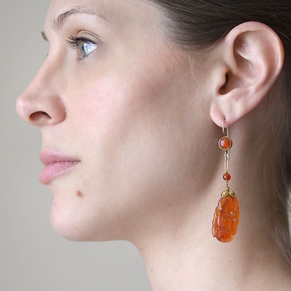 Art Deco 14kt Carved Carnelian Earrings