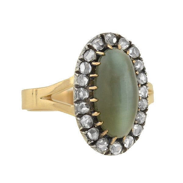 Victorian 14kt/Silver Cat's Eye Chrysoberyl Diamond Cluster Ring