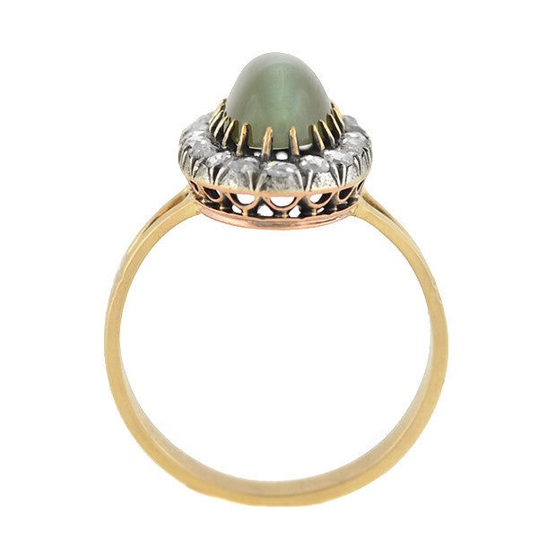 Victorian 14kt/Silver Cat's Eye Chrysoberyl Diamond Cluster Ring