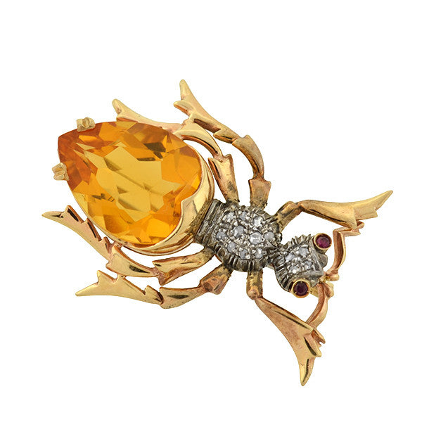 Retro Large 14kt Citrine Diamond & Ruby Bug Pin