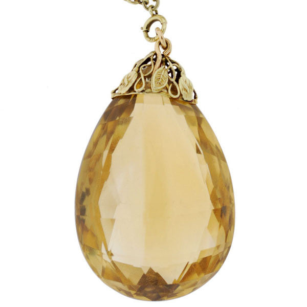 Art Deco 14kt Large Citrine Drop Enameled Chain Necklace