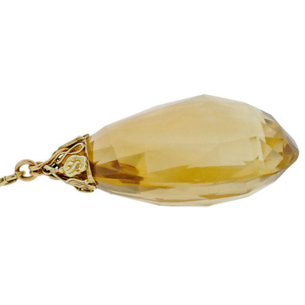 Art Deco 14kt Large Citrine Drop Enameled Chain Necklace