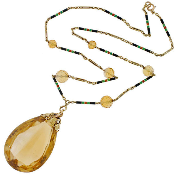 Art Deco 14kt Large Citrine Drop Enameled Chain Necklace