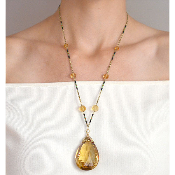 Art Deco 14kt Large Citrine Drop Enameled Chain Necklace