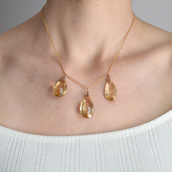 Late Victorian 14kt Teardrop Citrine Briolette Trio Necklace