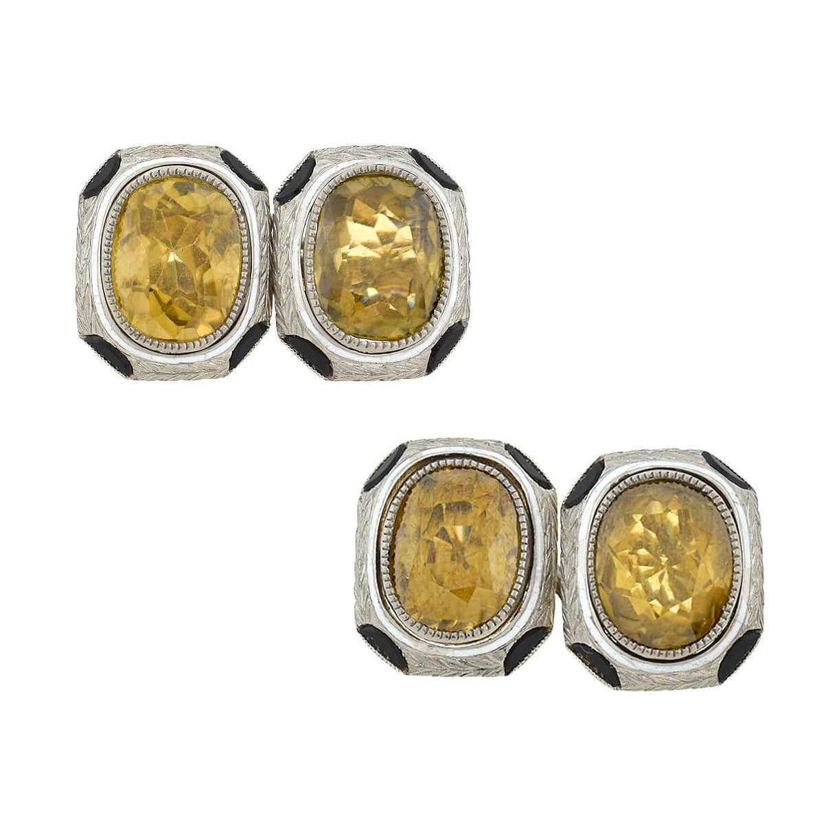 Art Deco 18kt White Enameled Citrine + Onyx Cufflinks