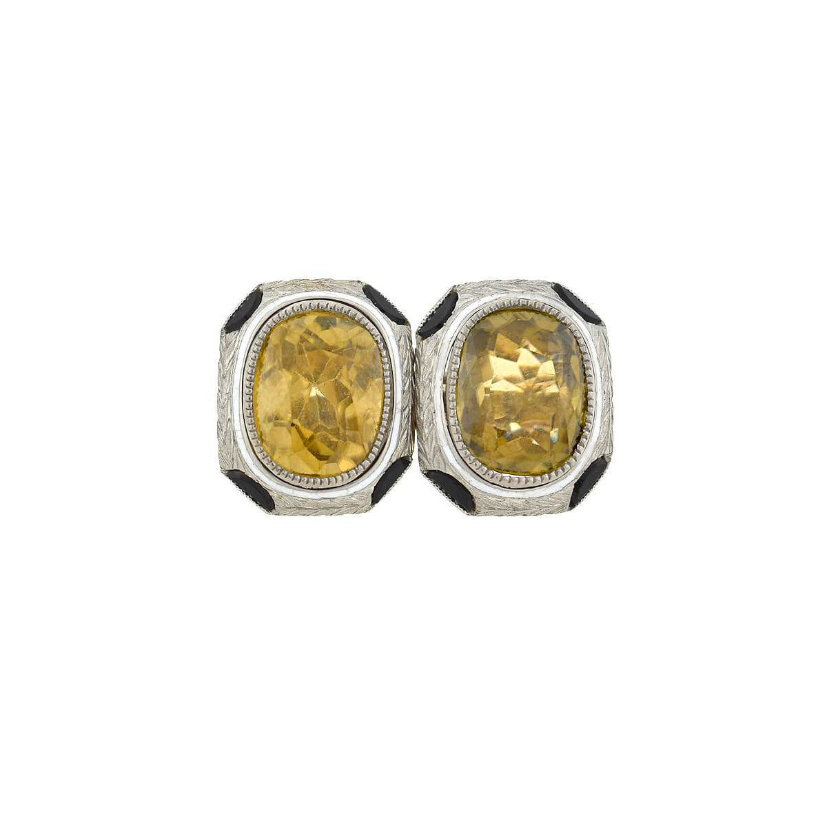 Art Deco 18kt White Enameled Citrine + Onyx Cufflinks