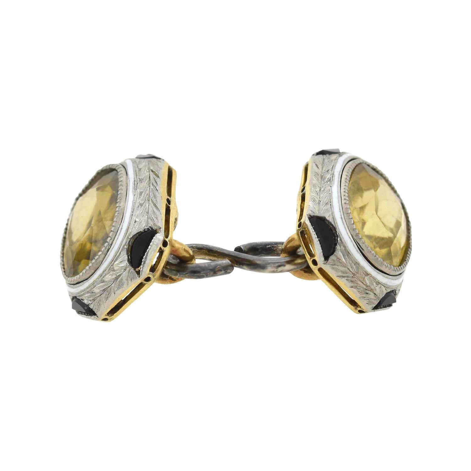 Art Deco 18kt White Enameled Citrine + Onyx Cufflinks